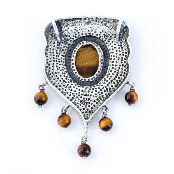 Vintage Sterling Silver 925 4.5cm Shield Shaped Tiger’s Eye Dangle Pendant - Picture 4 of 7